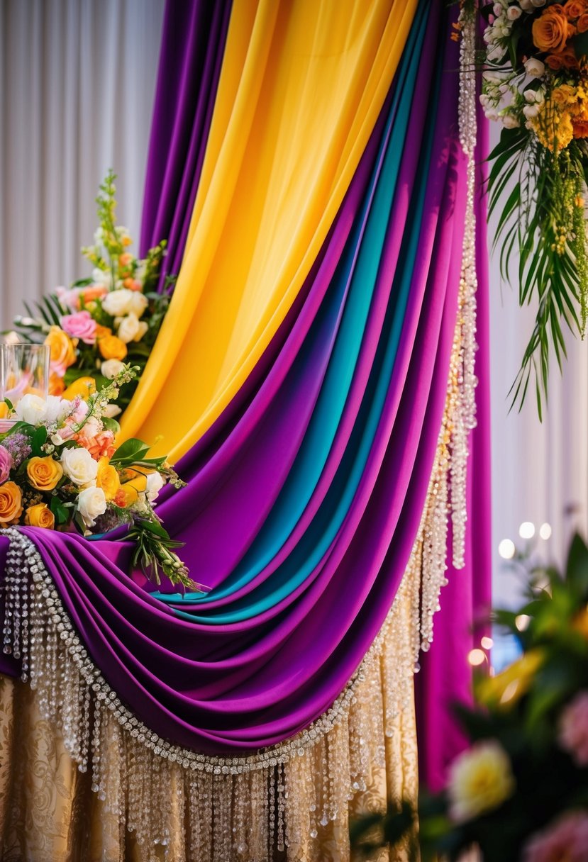 Richly colored fabric drapes cascade over a table, adorned with sparkling jewels and vibrant flowers, creating a luxurious and opulent wedding decor