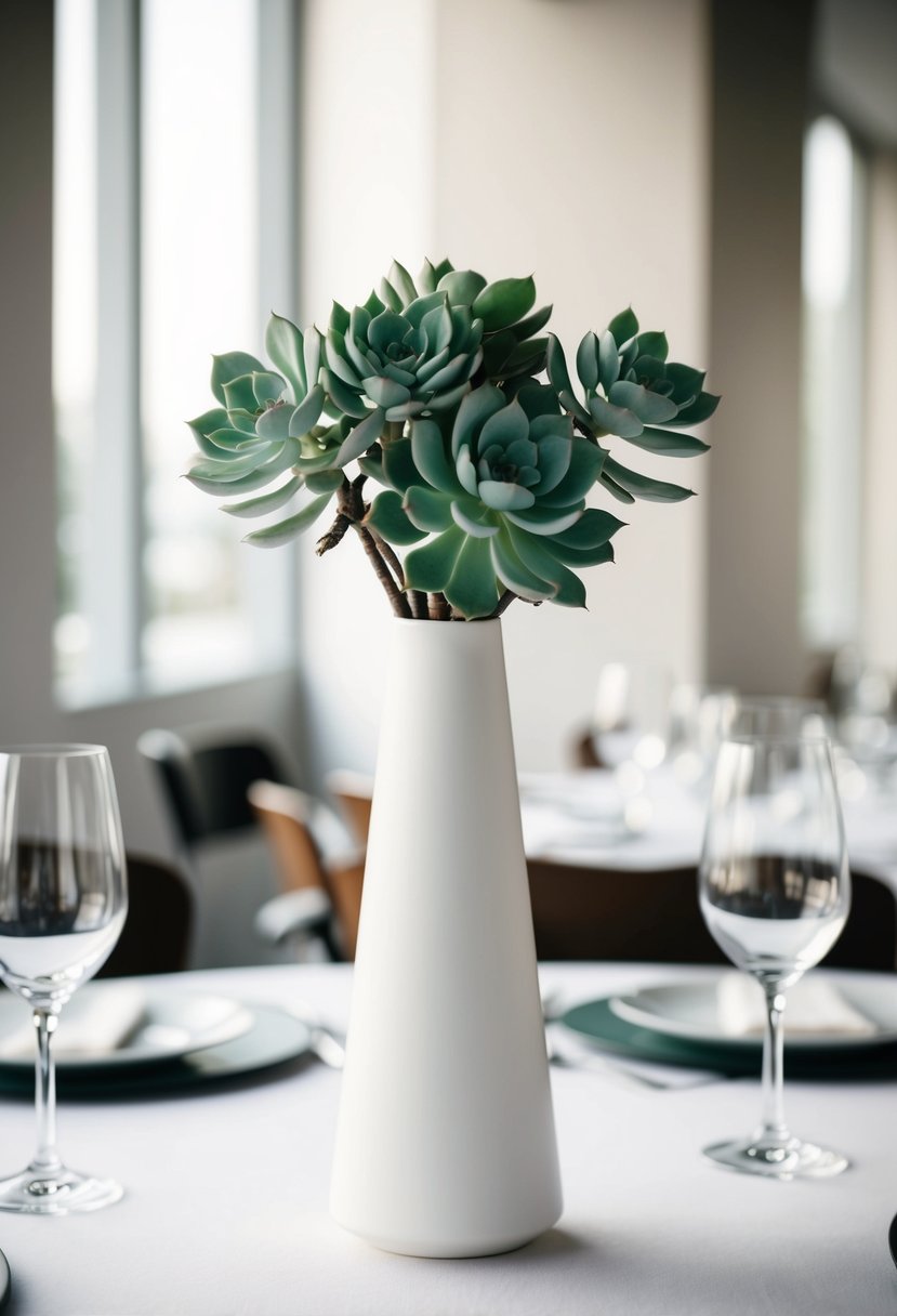 A sleek, minimalist bud vase holds a cluster of succulents, set on a modern wedding table with clean lines and subtle elegance