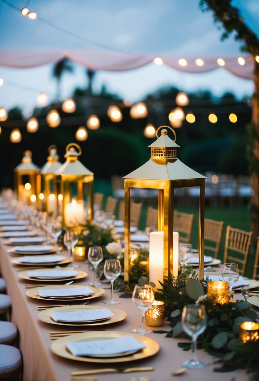 Metallic gold lanterns illuminate a jewel-toned wedding table, adding a luxe touch to the elegant setting