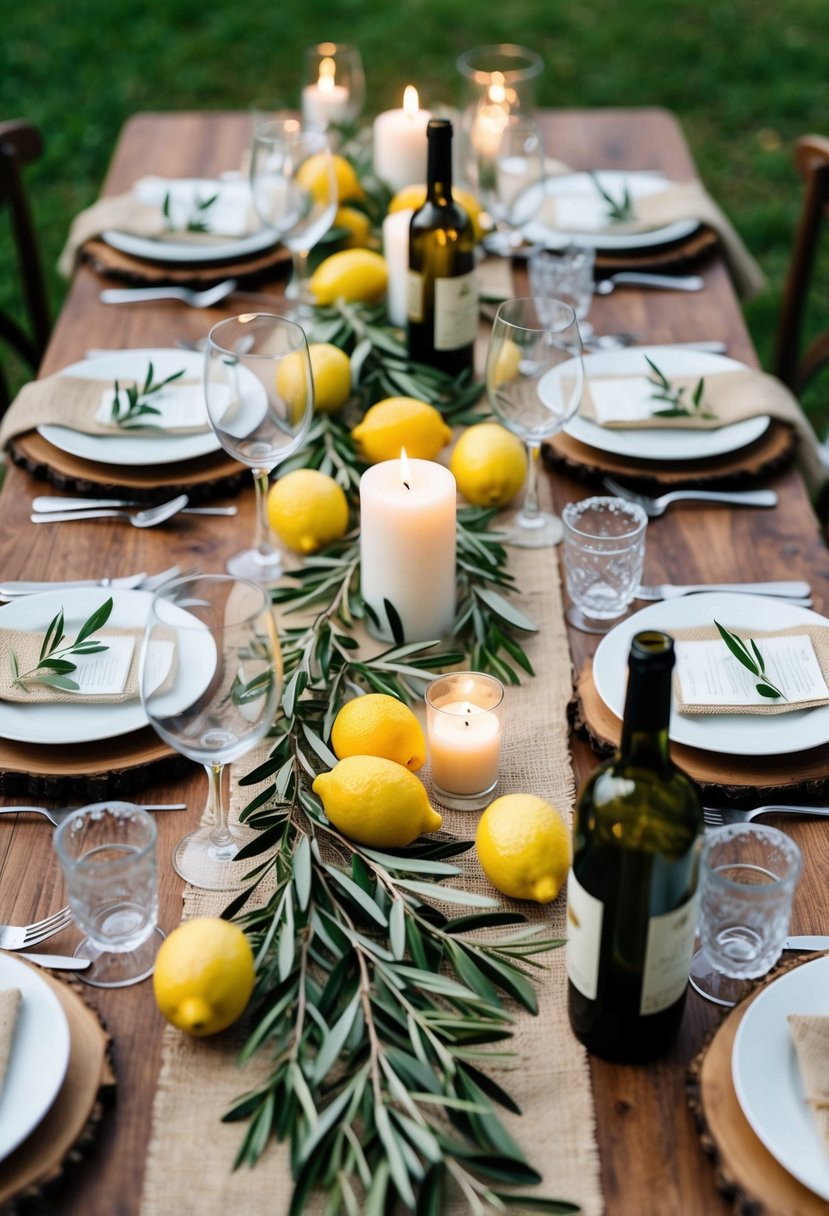 A rustic table adorned with olive branches, lemons, and candles. A burlap runner and vintage wine bottles complete the Italian wedding decor