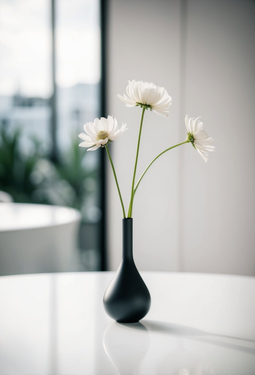 A single stem of delicate flower in a sleek, modern bud vase on a minimalist wedding table