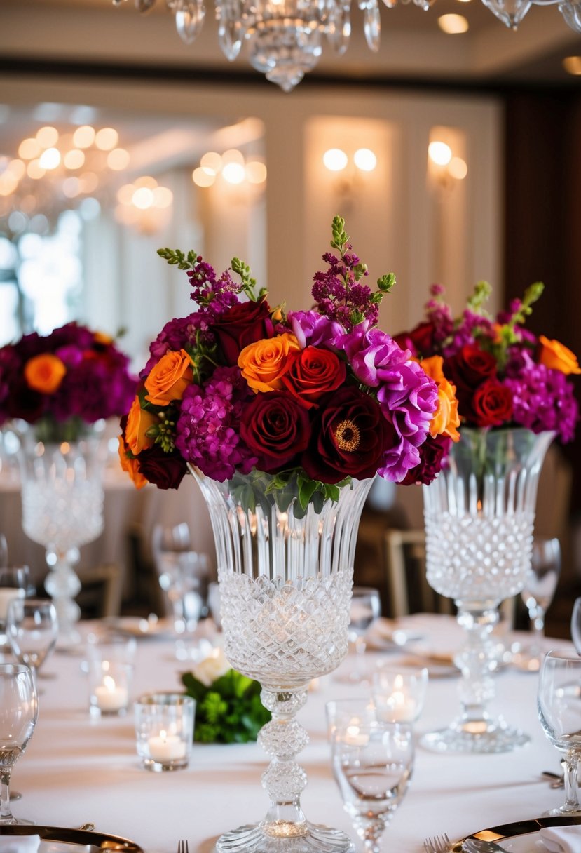 A table adorned with crystal vases filled with richly colored jewel-toned flowers, creating a luxurious and elegant wedding centerpiece