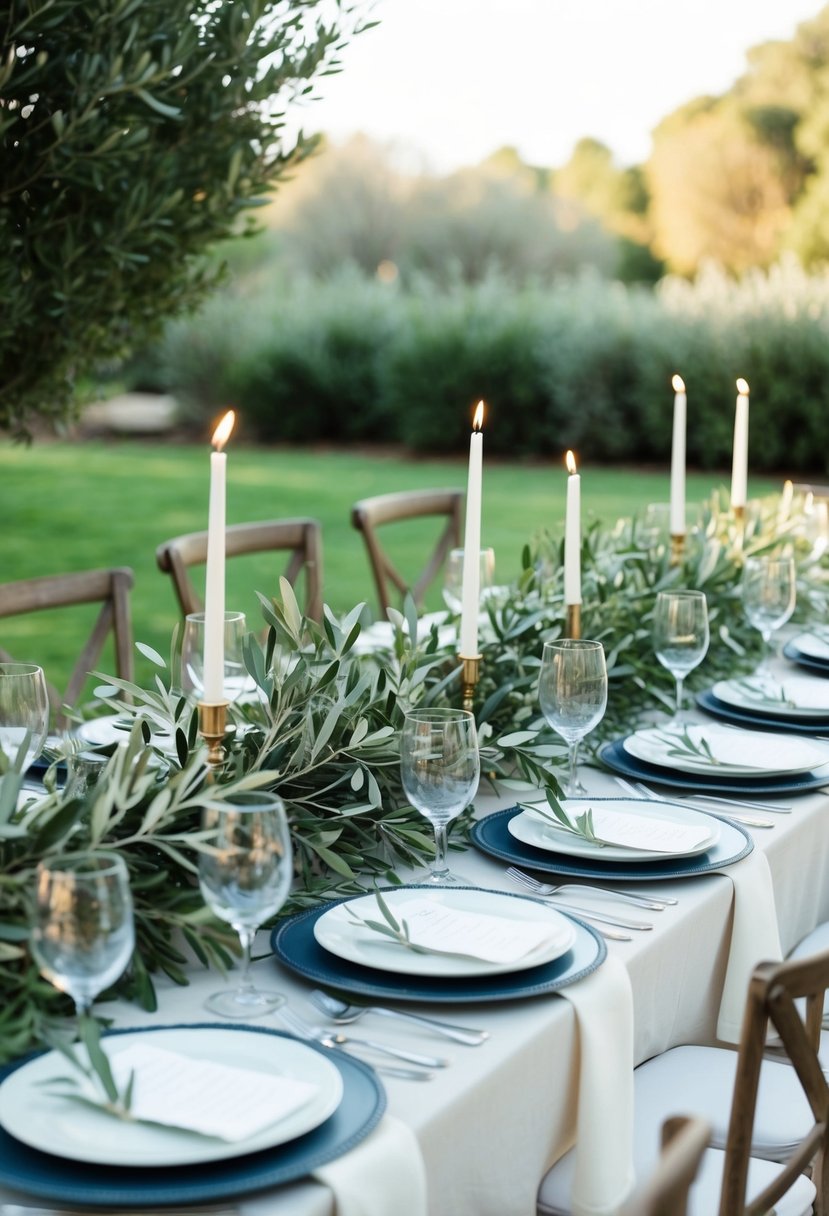 An elegant table set with olive branch centerpieces, exuding peace and abundance. Perfect for an Italian wedding celebration