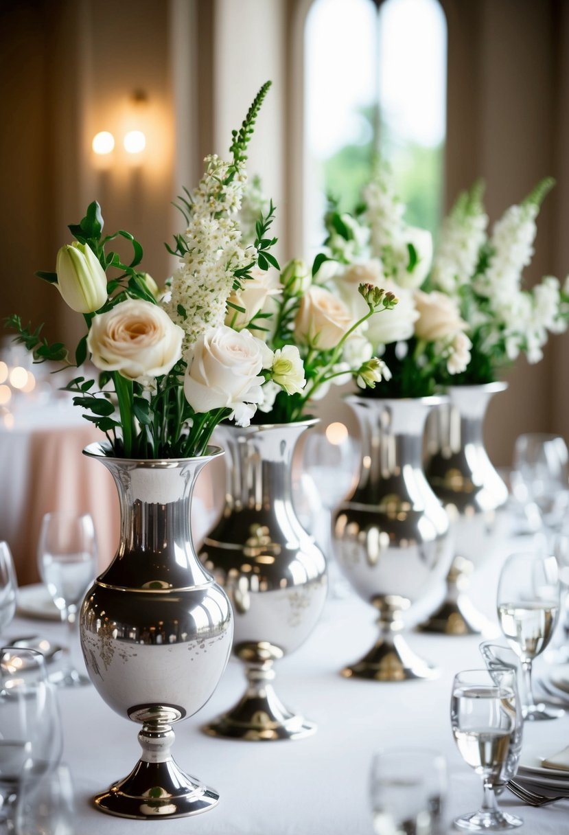 Metallic vases with delicate flowers arranged on a wedding table, adding a touch of glamour to the elegant setting