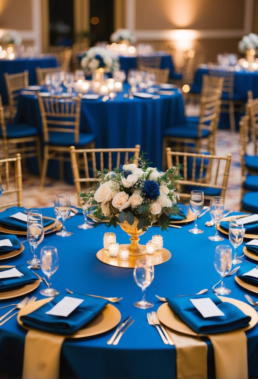 Deep blue tablecloths adorned with gold accents and sparkling gemstone centerpieces create a regal atmosphere for a lavish wedding reception