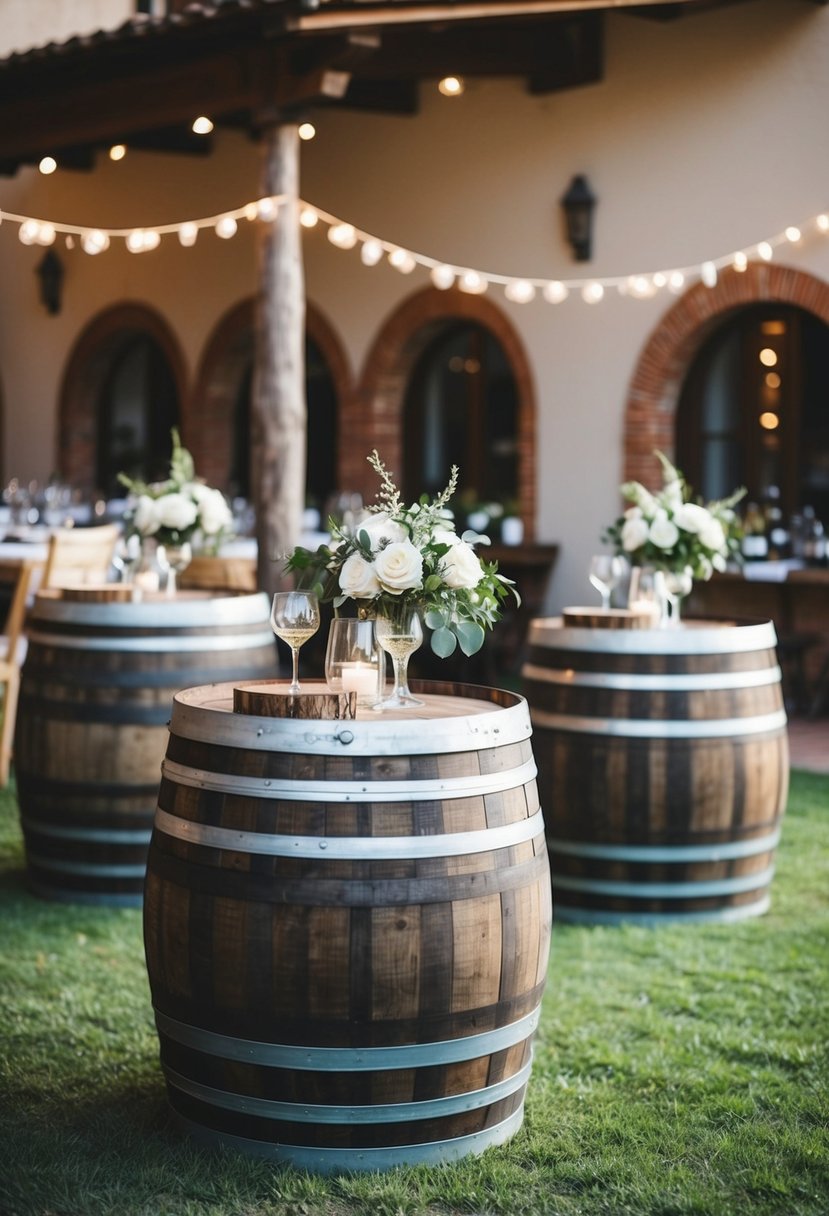 Vintage wine barrels repurposed as cocktail tables at an Italian wedding, adorned with rustic decorations