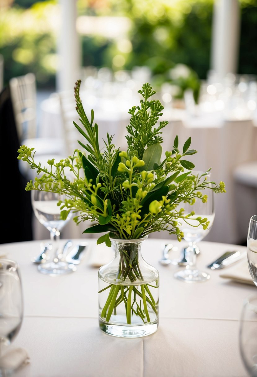 A small bud vase filled with vibrant greenery sits atop a wedding table, adding a fresh and organic touch to the decor