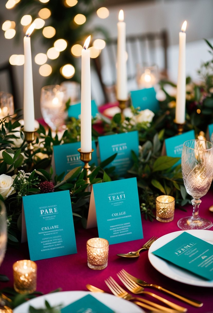 Vibrant teal place cards arranged on a richly colored wedding table, surrounded by lush greenery and sparkling candlelight