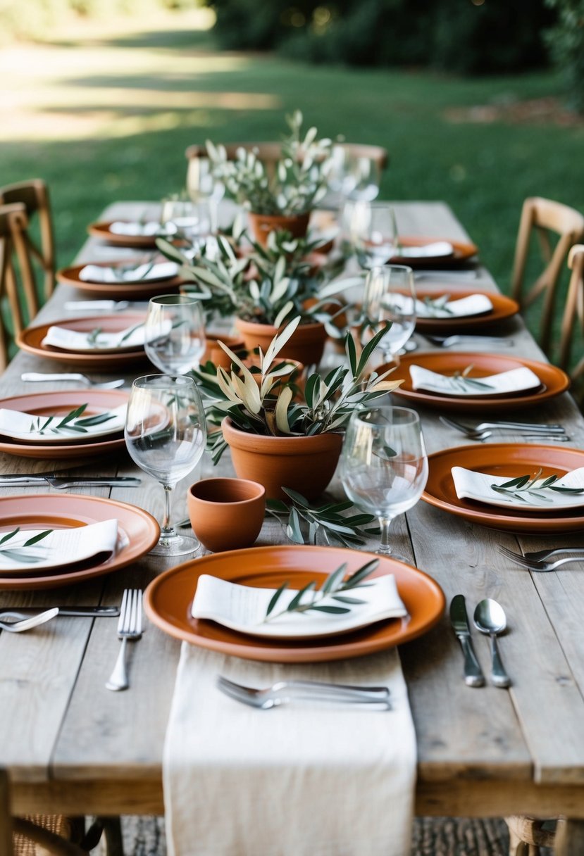 A rustic table adorned with terracotta plates, olive branches, and Tuscan-inspired centerpieces