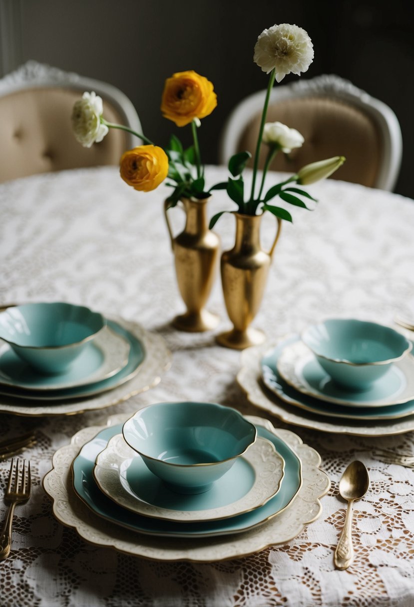 Vintage tableware arranged with pair of bud vases on lace tablecloth