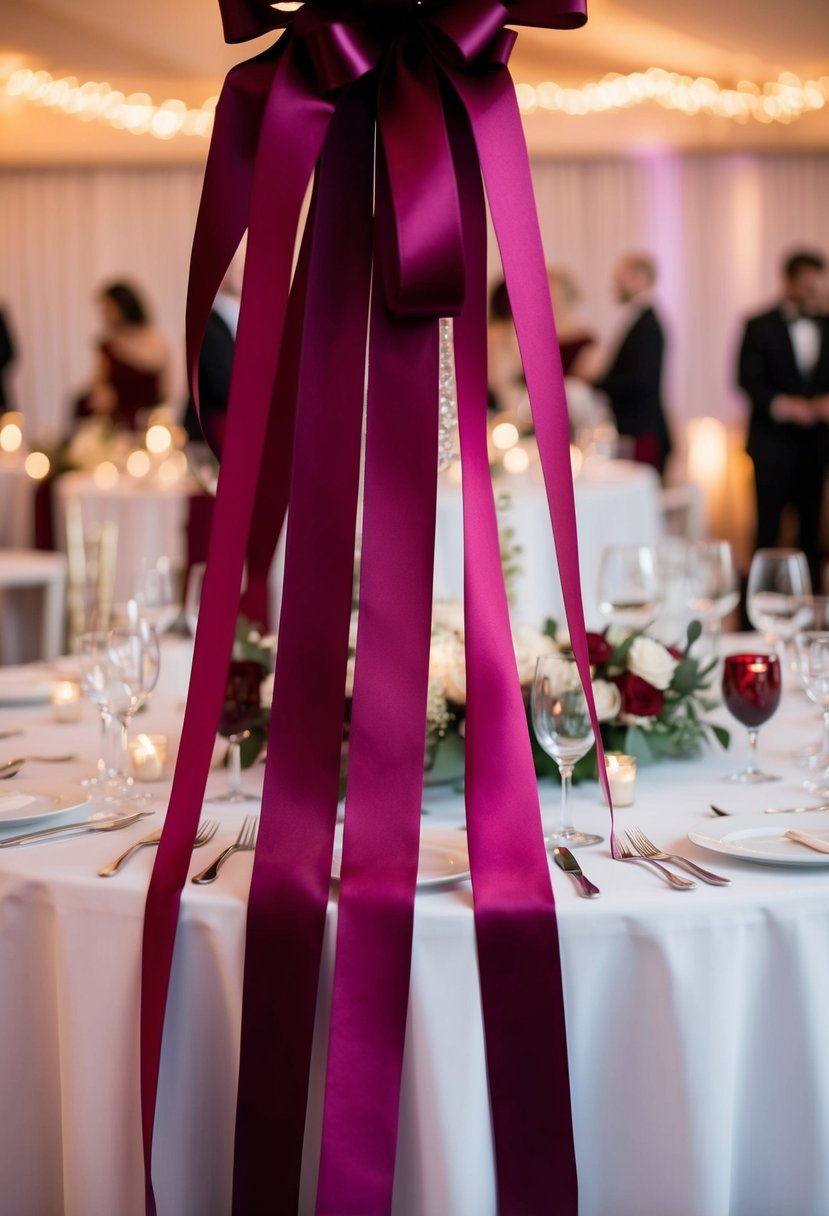 Rich burgundy table ribbons cascade down a table, adding a jewel-toned touch to a wedding reception