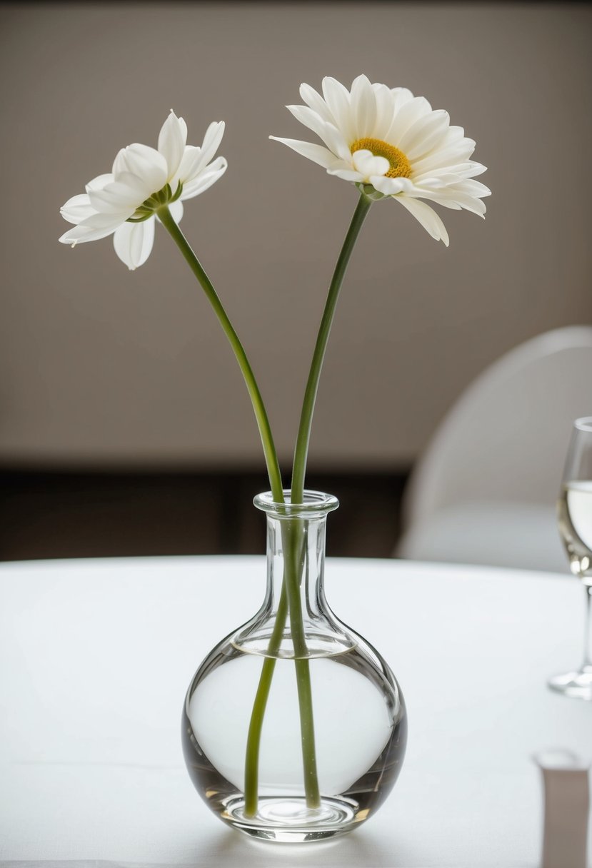 A clear bud vase holds a single-stem flower, set on a wedding table with minimalist decor