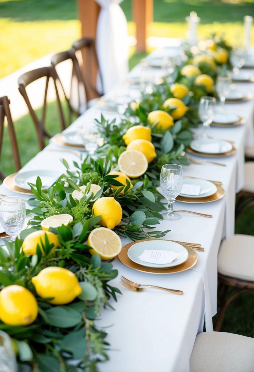 A table adorned with lemon and greenery garlands, creating a fresh and vibrant Italian wedding decoration