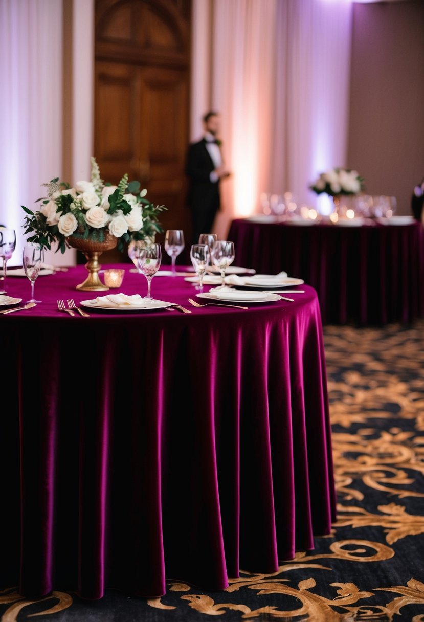 A plush velvet tablecloth in rich jewel tones drapes elegantly over a wedding reception table, creating a luxurious and opulent atmosphere