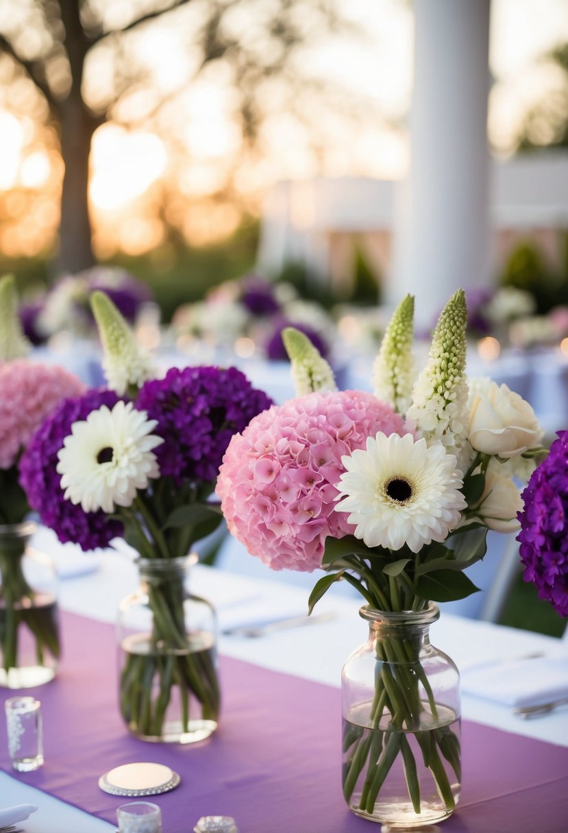 A gradient of pink, purple, and white flowers arranged in bud vases as wedding table decorations