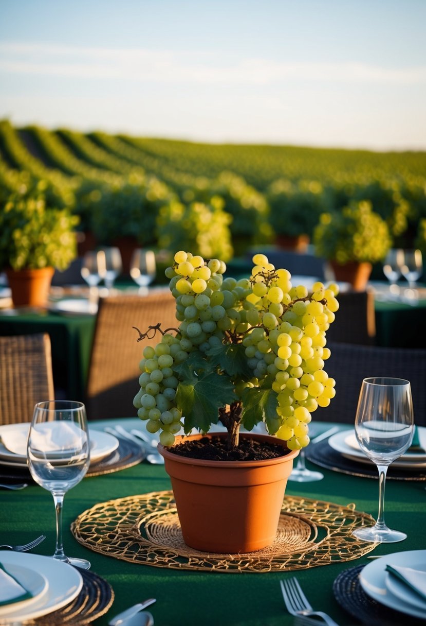 Potted grapevines adorn tables, evoking an Italian vineyard