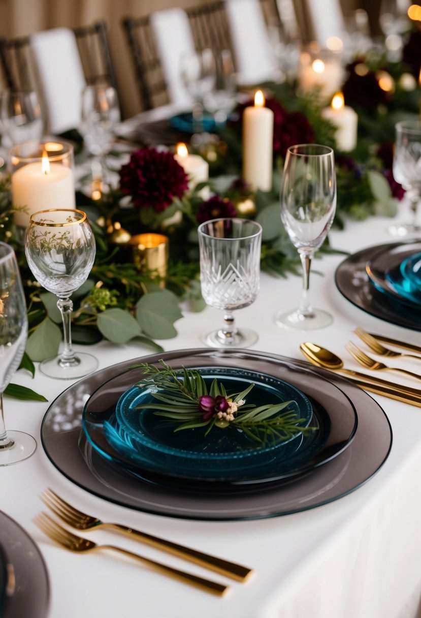 A table set with smoky quartz chargers, adorned with jewel tone decor for a chic and elegant wedding reception