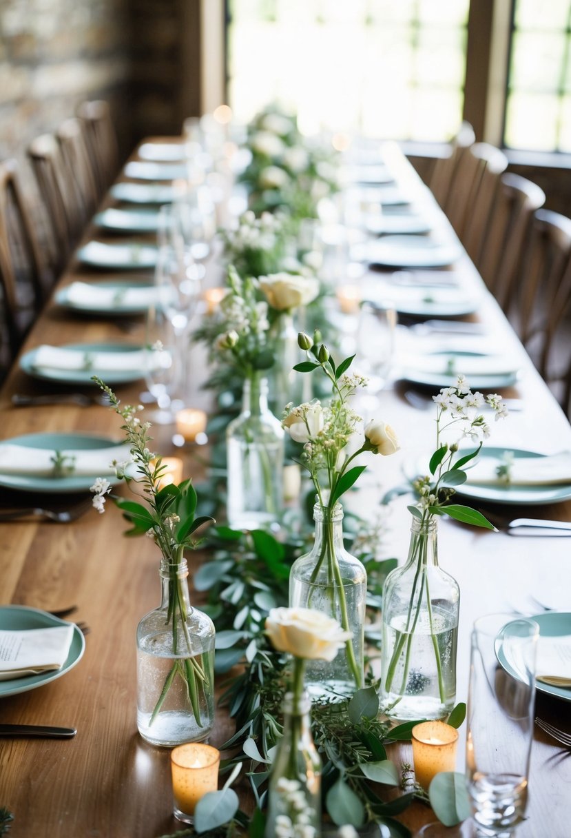 Bud vases line a long wooden table, filled with delicate flowers and greenery, creating a charming and elegant wedding centerpiece