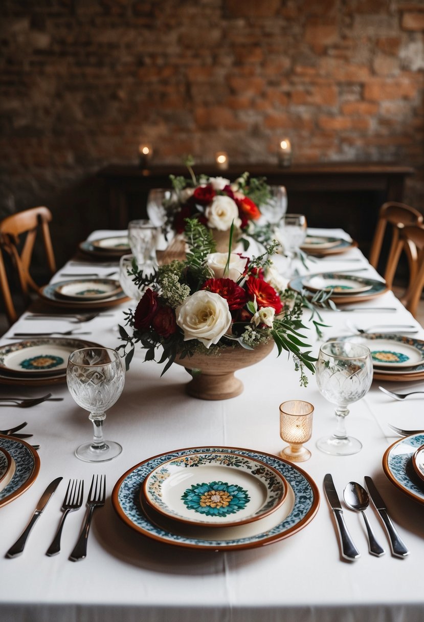 A rustic Italian wedding table adorned with traditional ceramic plates and floral centerpieces