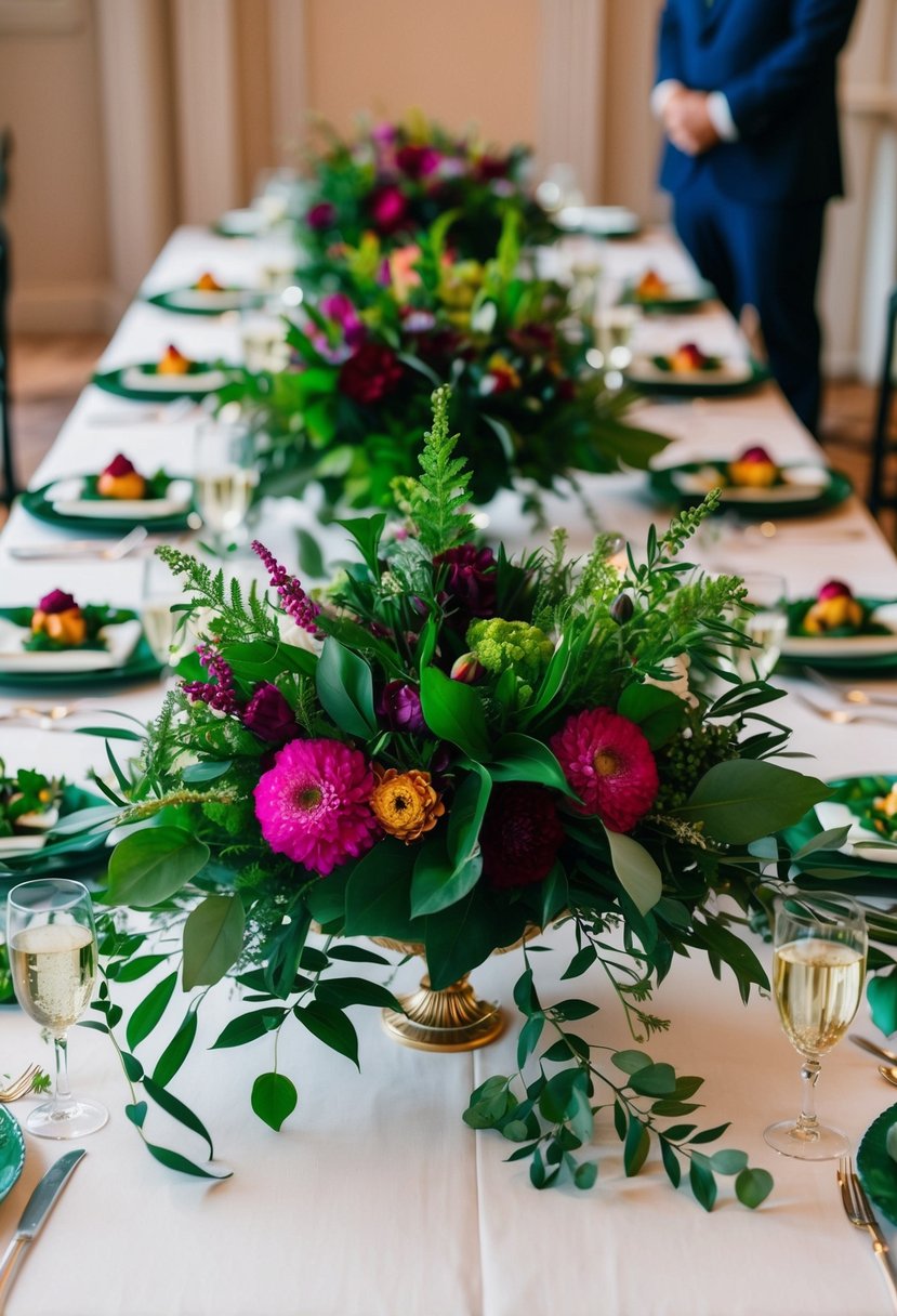 Lush greenery and vibrant jewel-toned florals adorn a wedding table, creating a rich and opulent atmosphere