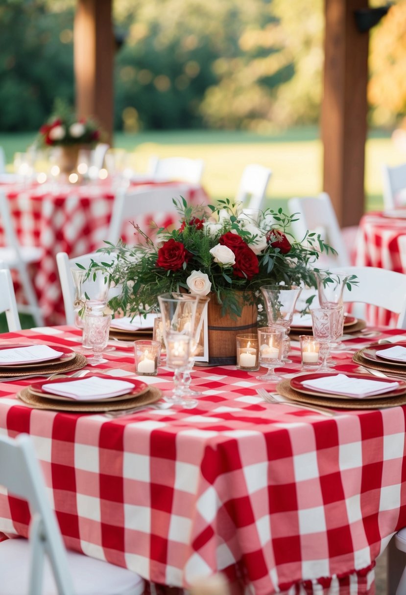 Red and white checkered tablecloths adorn the tables, with rustic Italian wedding decorations and centerpieces