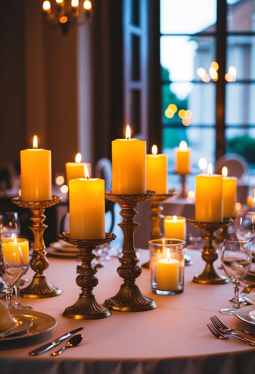 Candles in ornate holders cast a warm glow on an Italian wedding table, creating an intimate and romantic ambiance