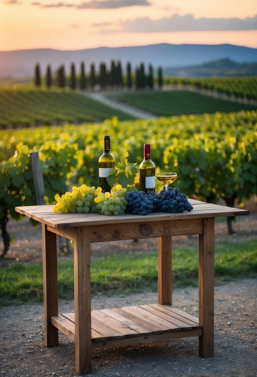 A rustic wooden table adorned with grape clusters, wine bottles, and greenery, set against a backdrop of rolling vineyards and a Tuscan sunset