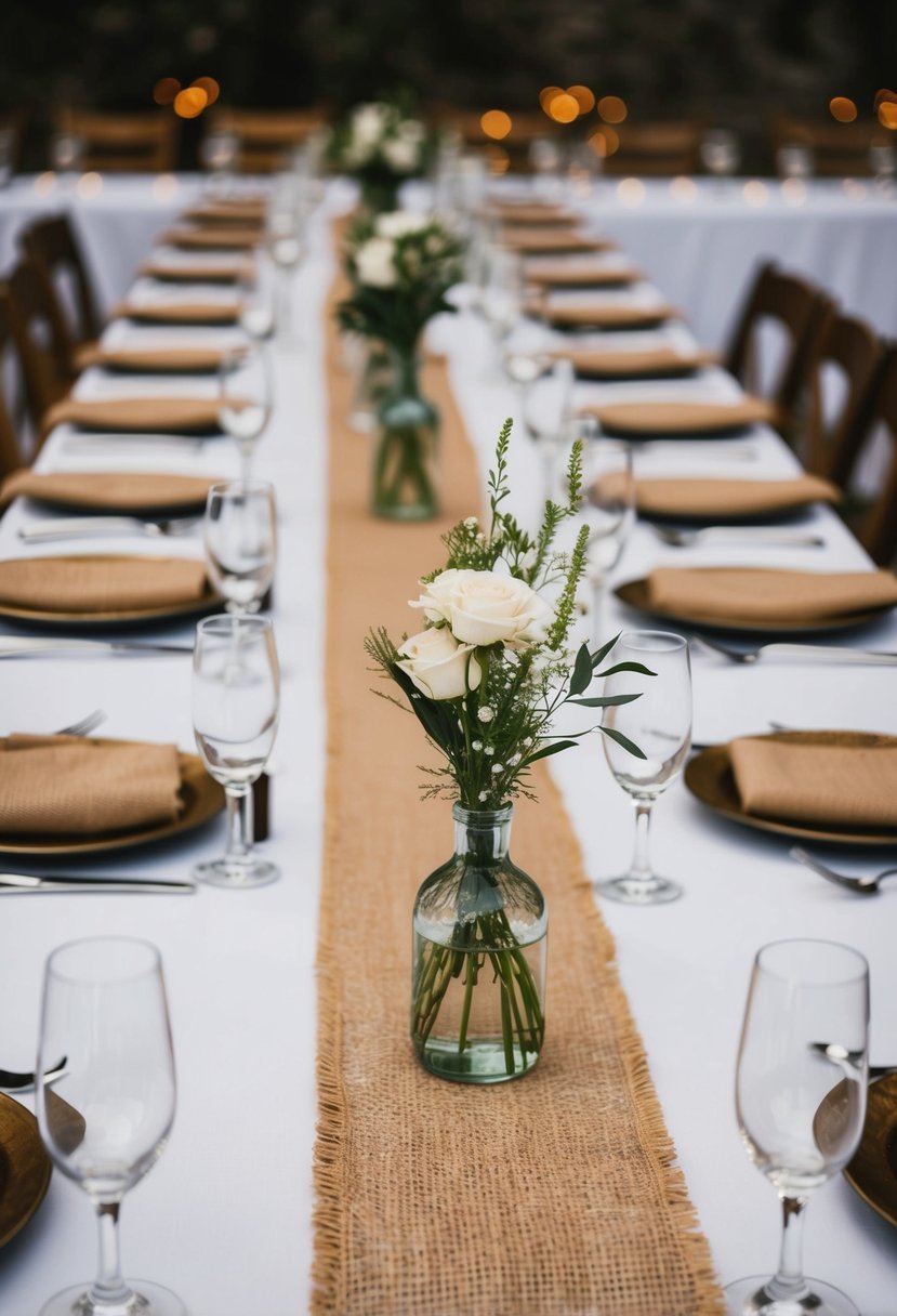 Burlap runners adorn tables, evoking a rustic Italian wedding atmosphere