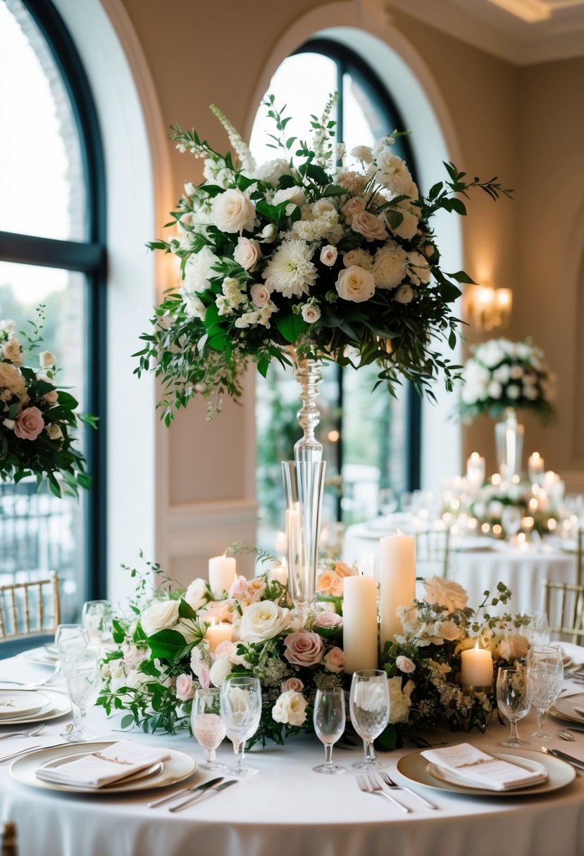 A tall, elegant table adorned with lush floral arrangements, candles, and delicate tableware, creating a sophisticated and romantic atmosphere for a wedding celebration