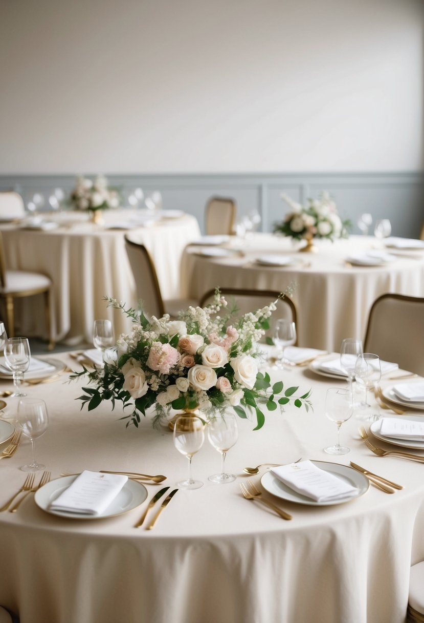 An elegant ivory linen tablecloth adorned with delicate floral centerpieces and gold accents