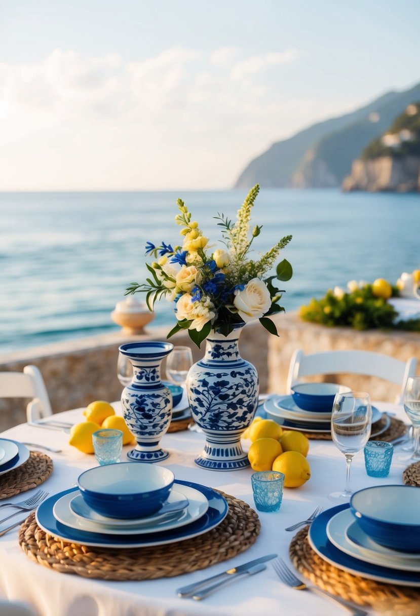 A seaside wedding table adorned with blue and white ceramics, fresh lemons, and floral centerpieces inspired by the Amalfi Coast