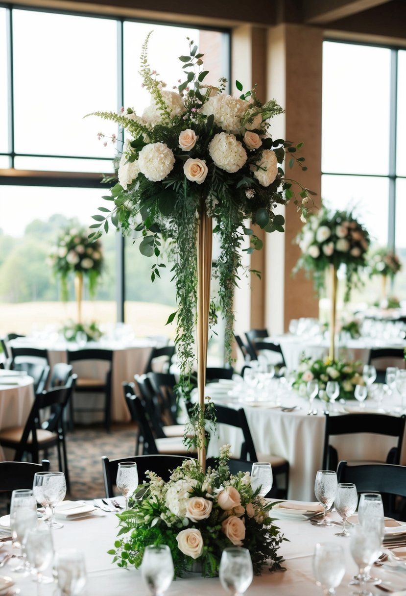 Tall floral centerpieces with cascading greenery adorn wedding tables