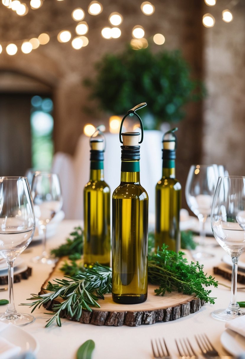 An elegant table setting with olive oil bottle favors, surrounded by fresh herbs and rustic Italian decor