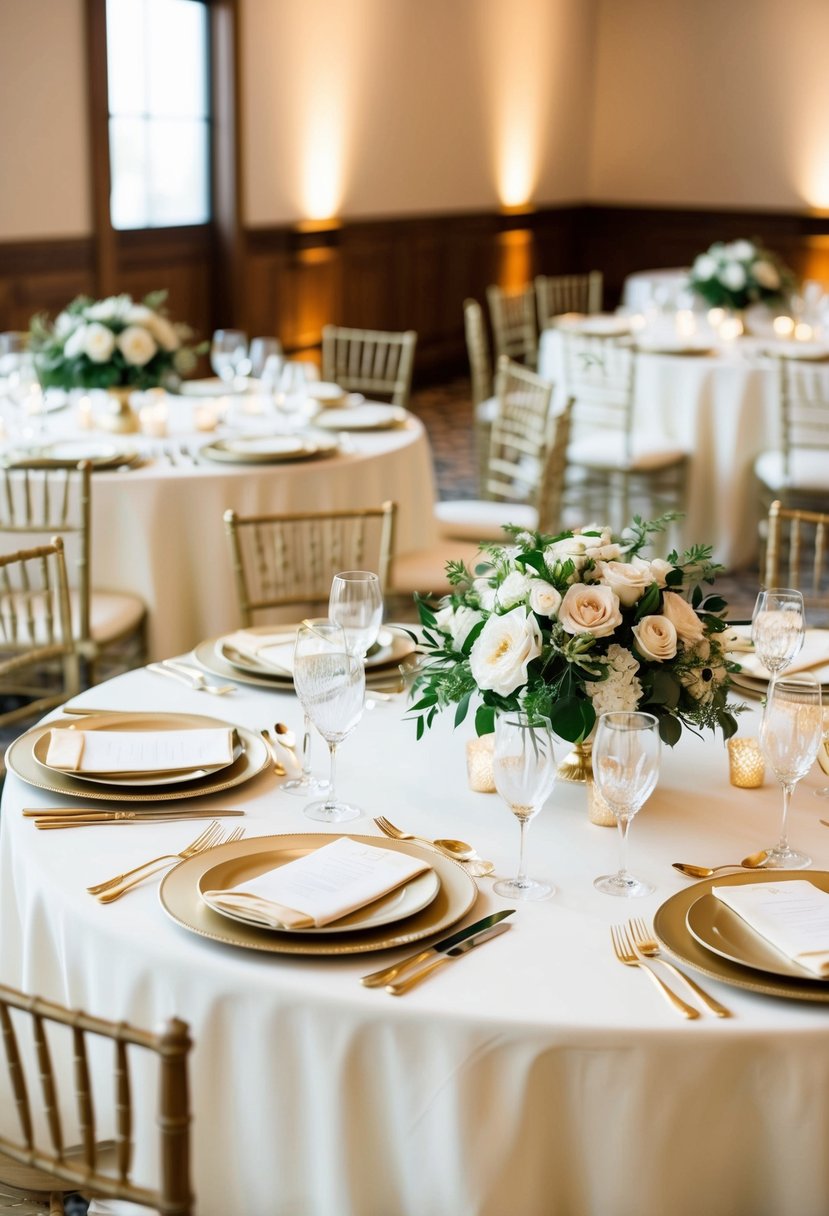 Ivory tablecloths adorned with gold accents, set with elegant dinnerware and floral centerpieces