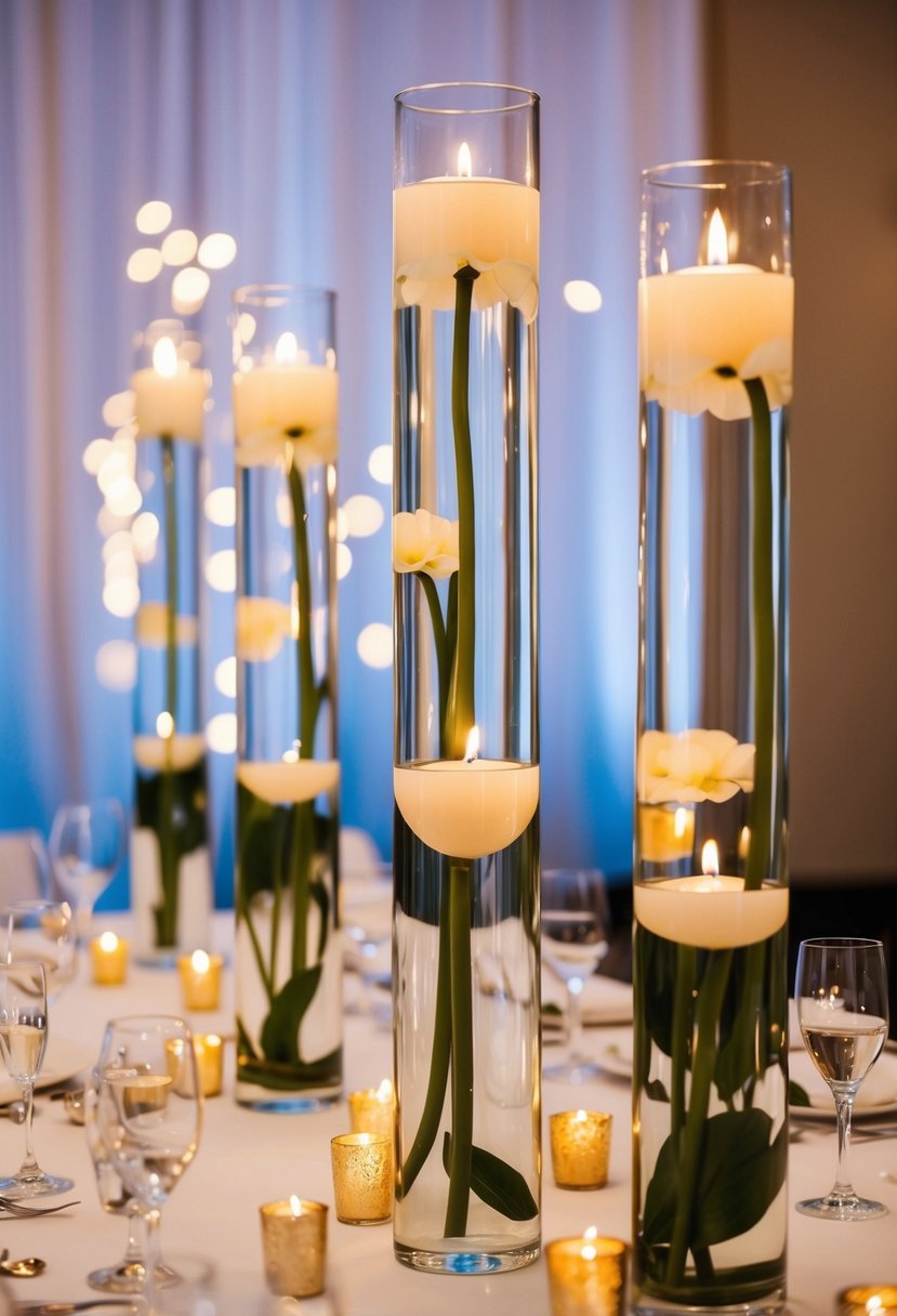 Tall vases filled with water, each holding a single floating candle, adorn a beautifully set wedding table