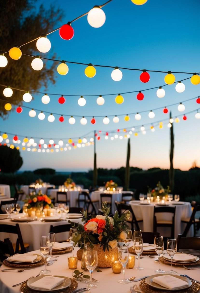 Fiesta lights hang above tables with Mediterranean decor for an Italian wedding celebration