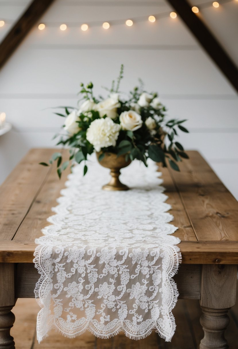 An elegant ivory lace table runner drapes across a rustic wooden table, adding a touch of romance to a wedding reception