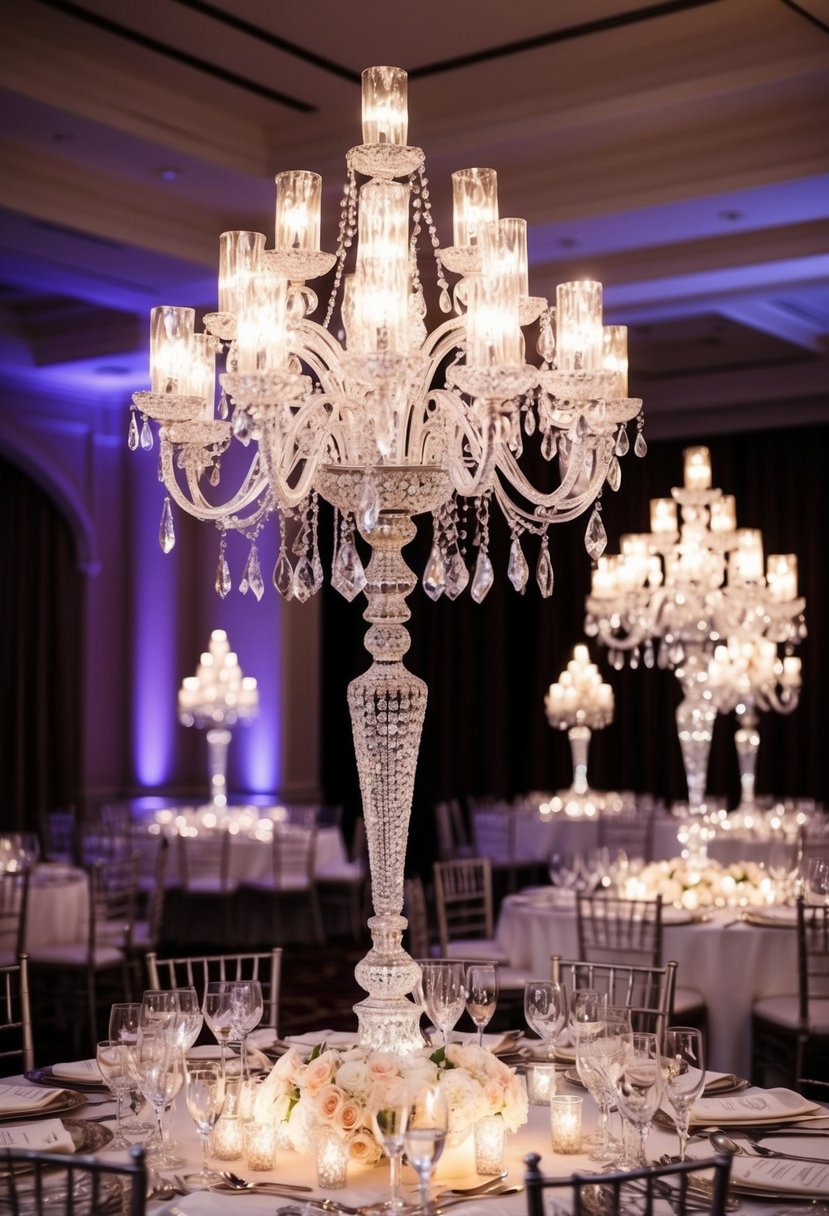 A grand wedding table adorned with sparkling crystal candelabras, radiating elegance and glamour