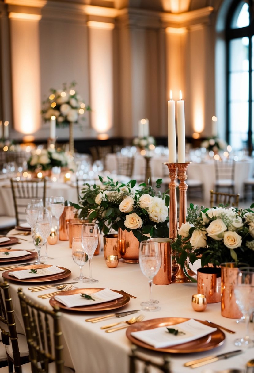 A grand table adorned with copper and brass accents, set with elegant Italian wedding decorations