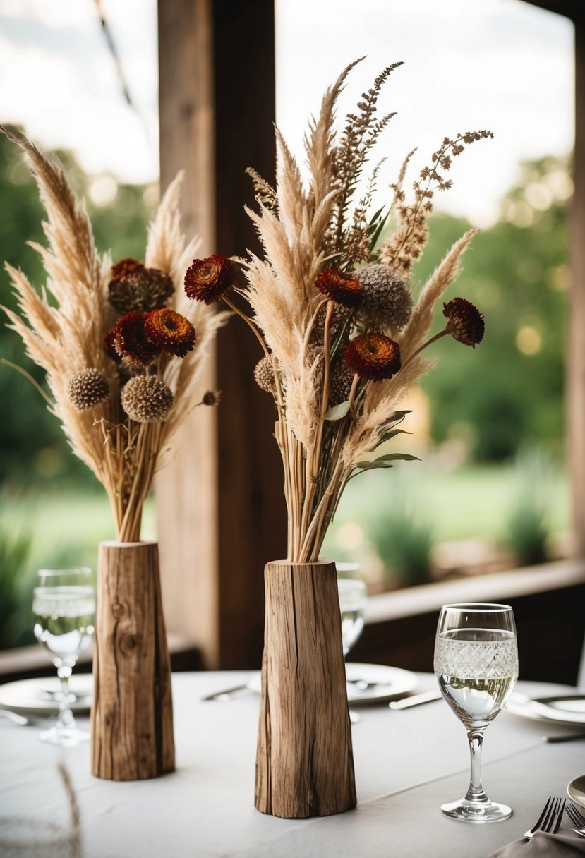 Rustic wooden stands hold dried flowers on a high wedding table