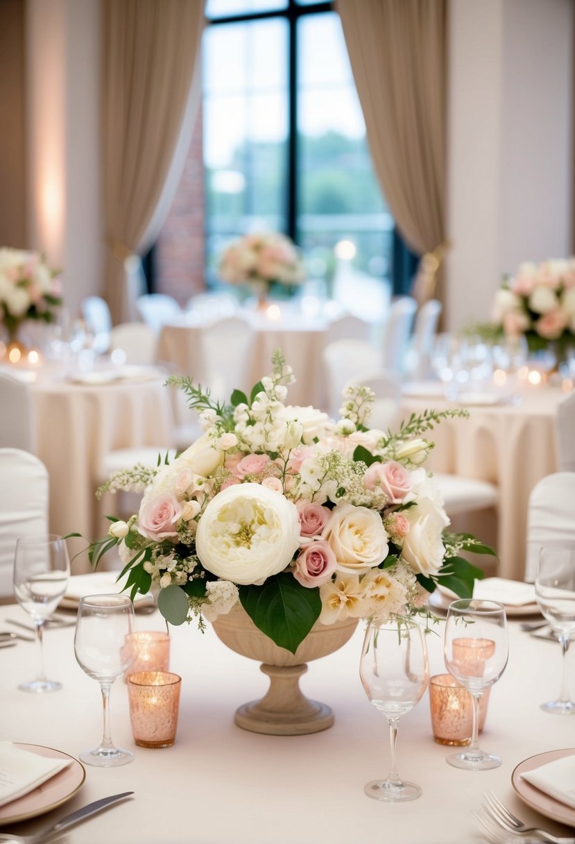 Elegant ivory and blush floral centerpieces adorn a linen-covered wedding table