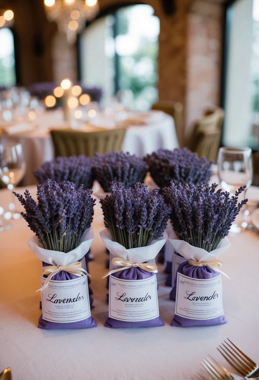 Lavender sachets arranged elegantly on a table, adding a touch of Italian charm to the wedding decor