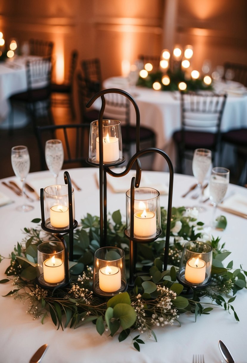 Wrought iron holders with tea lights on tiered wedding table