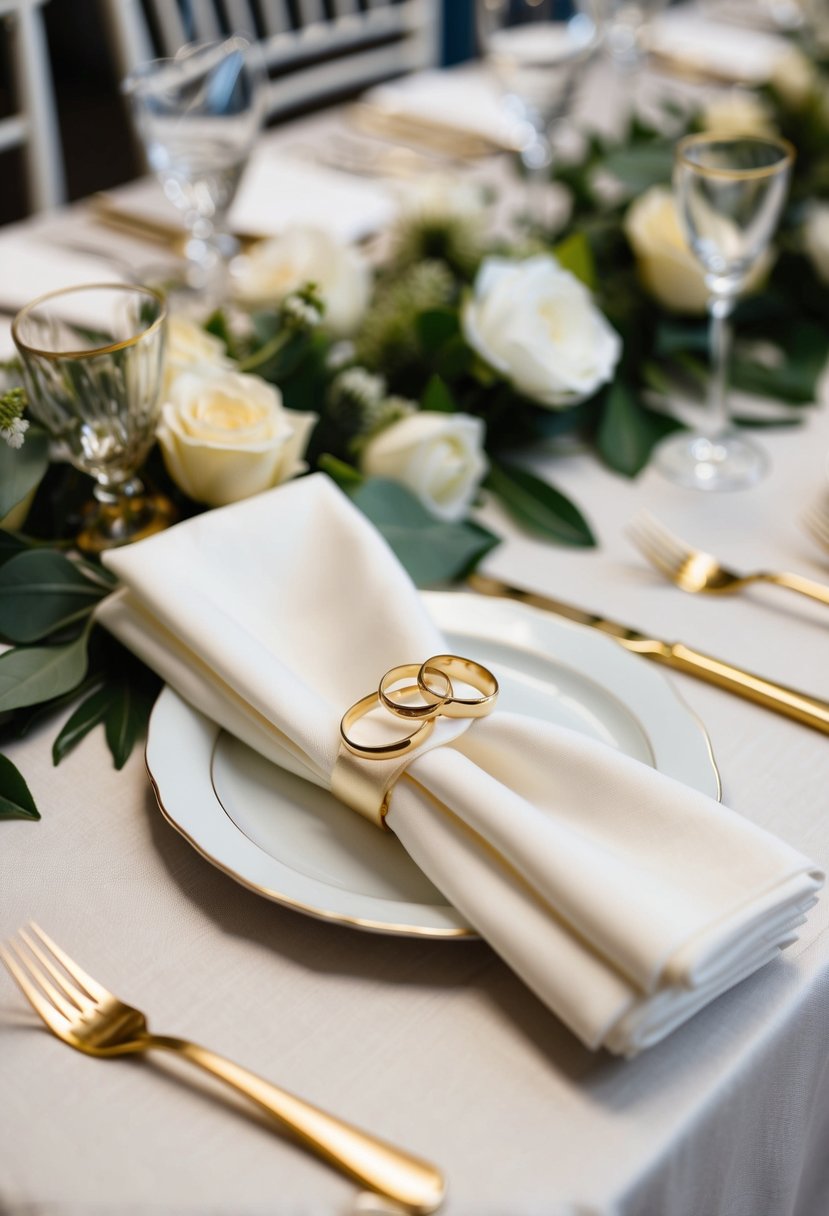 Ivory napkins neatly folded and adorned with gold rings on a linen-covered wedding table