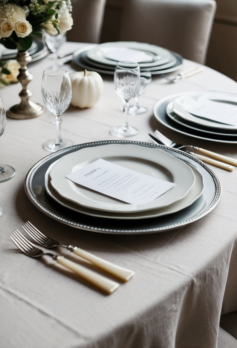 A table set with elegant ivory and silver cutlery on a linen tablecloth