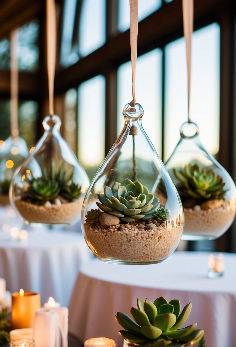 Glass terrariums with succulents hang above wedding tables