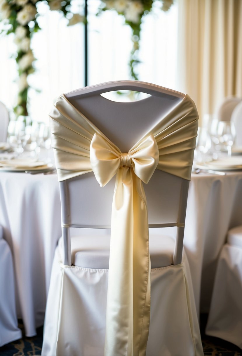 Ivory chair covers adorned with satin sashes drape elegantly over linen-covered wedding tables, creating a sophisticated and romantic atmosphere