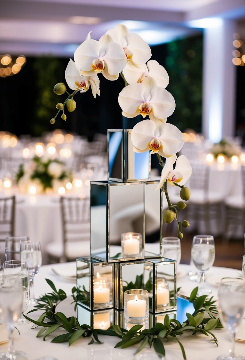 Mirrored risers hold cascading orchids, creating an elegant wedding table centerpiece