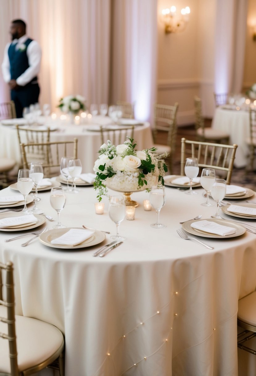 An elegant ivory linen table adorned with pearl-studded table settings for a wedding reception