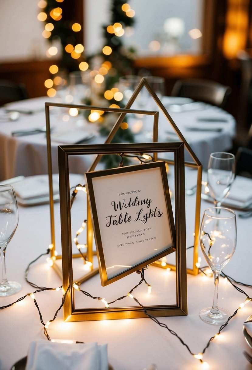 Geometric metal frames adorned with fairy lights on a wedding table centerpiece